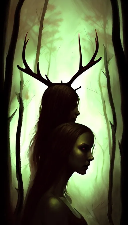 Prompt: a silhouette portrait of a girl with antlers in a forest at night, dark, gothic, fantasy, portrait, figurativism, muted colors, digital painting in the style of bastien lecouffe - deharme, trending on artstation, detailed