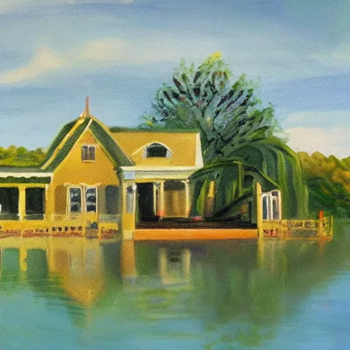 Image similar to painting of a house by a lake