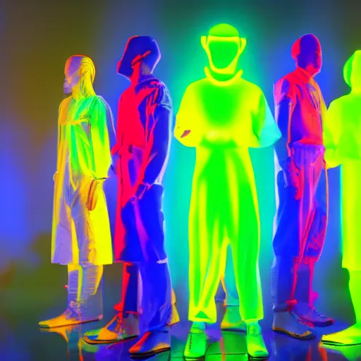 Prompt: a group of people standing in front of a display of illuminated figures, a hologram by stanley twardowicz, trending on shutterstock, holography, dystopian art, stockphoto, 8 k, global illumination, blue violet color pallete
