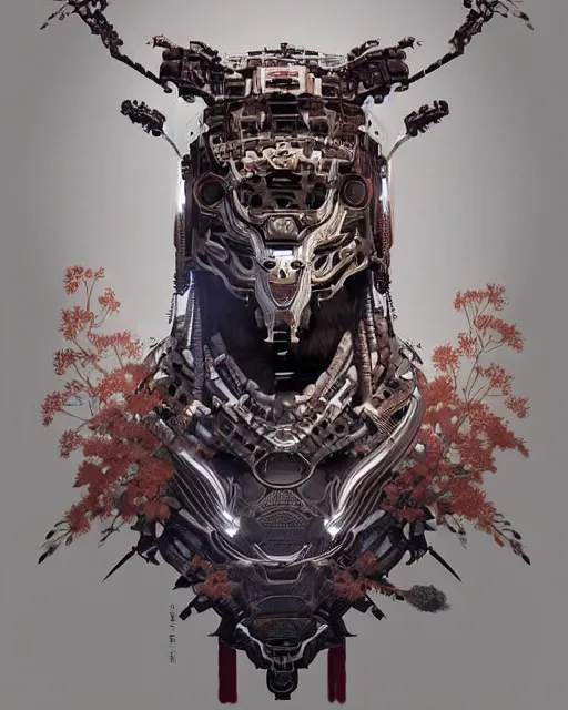 Image similar to portrait of a machine from horizon zero dawn, machine face, upper half portrait, decorated with chinese opera motifs, asian, bian lian, traditional chinese art, intricate, elegant, highly detailed, digital painting, artstation, concept art, smooth, sharp focus, illustration, art by artgerm and greg rutkowski and alphonse mucha, 8 k