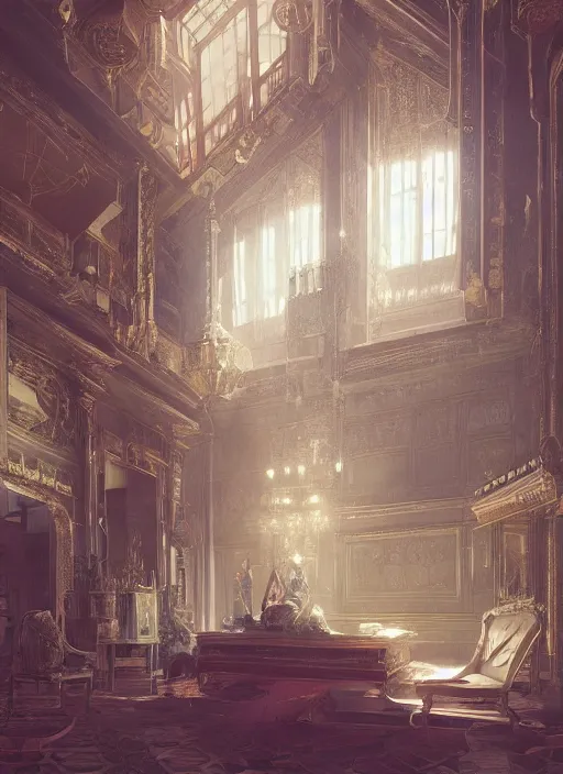 Prompt: the palace chambers in the cognitive realm, photorealistic by michael komarck, greg rutkowski, victo ngai, artgerm, willem claesz heda and j. dickenson