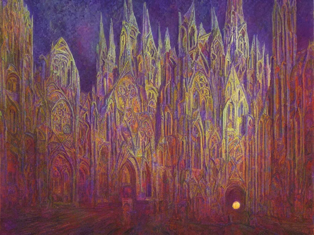 Prompt: gothic deserted cathedral with dream bot mothership psychedelia. monet, matisse, wayne barlowe, agnes pelton, rene magritte
