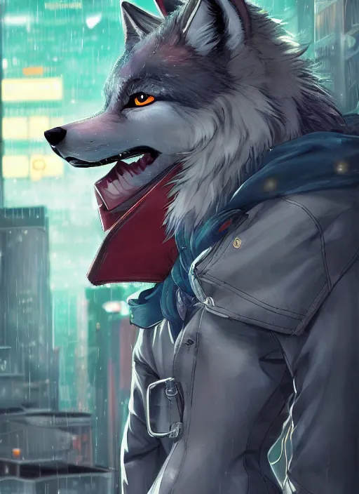 Image similar to character portrait of a male anthro wolf fursona with a tail and a cute beautiful attractive detailed furry face wearing stylish cyberpunk clothes in a cyberpunk city at night while it rains. hidari, color page, tankoban, 4K, tone mapping, Akihiko Yoshida.