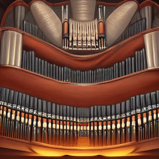 Image similar to gigantic pipe organ, oil painting, digital art, trending on artstation, highly detailed, 8k, luminous, biomechanical