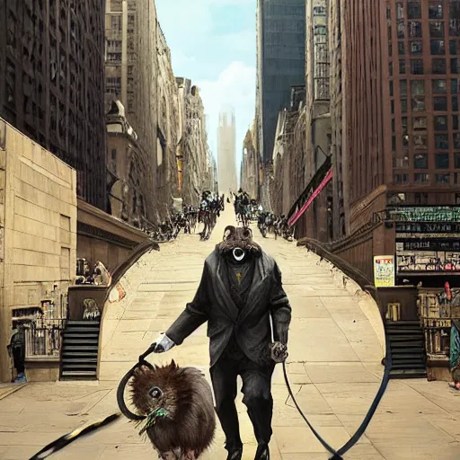 Image similar to Stunning Hyperealistic portrait of Giant Dishonored enormous furry rats walking humans on a leash in the city of New York.