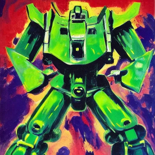 Prompt: combat mecha with a glowing green crotch and expressive brushstrokes by emil nolde, david salle
