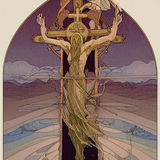 Image similar to a spiritual cross on top of a holy mountain, Mucha, Moebius, Mohrbacher