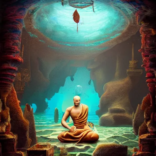 Image similar to underwater temple, underwater monk