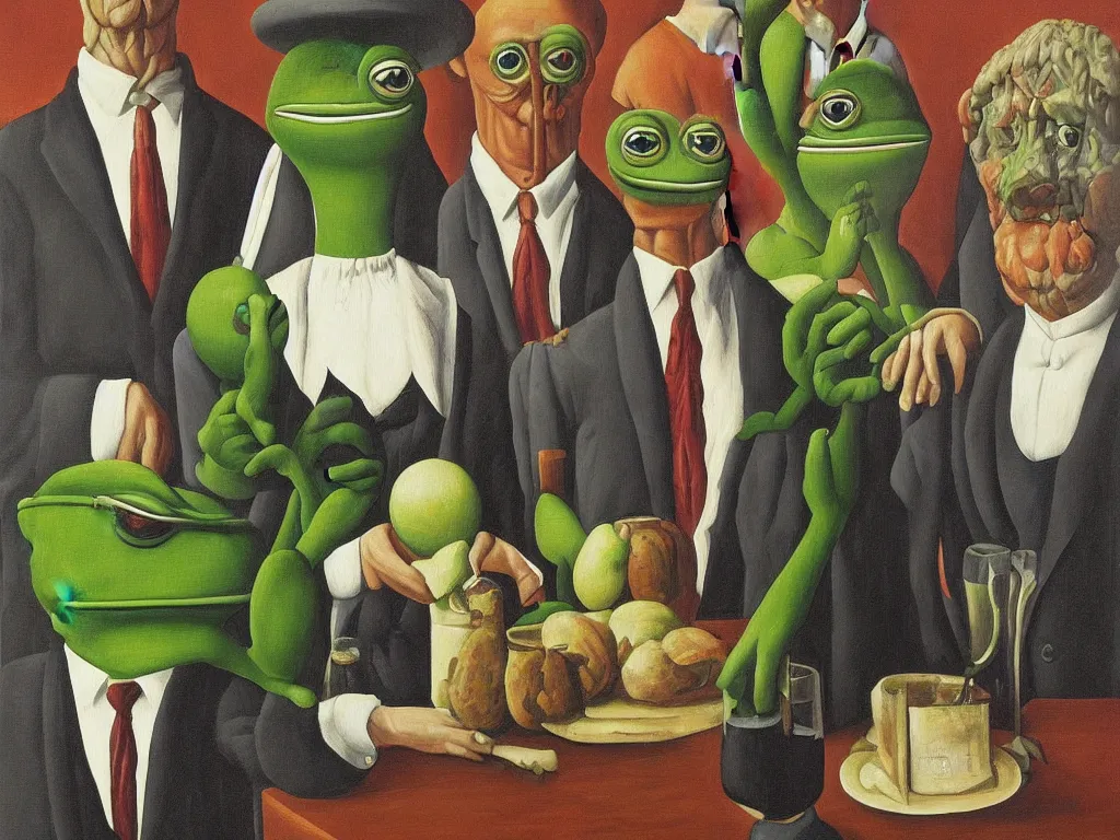 Image similar to pepe the frog last supper painting magritte, renaissance, american gothic