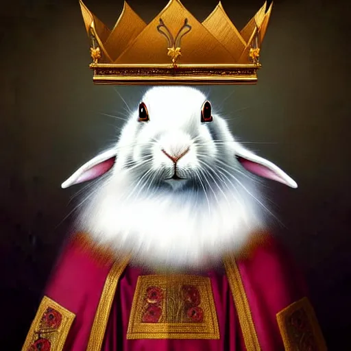 Image similar to “ an oil painting portrait of an evil white hare wearing medieval royal robe and an ornate crown on a dark background ” digital art, concept art, highly detailed, 3 - d 4 k, trending on art station, award winning, mark brooks,