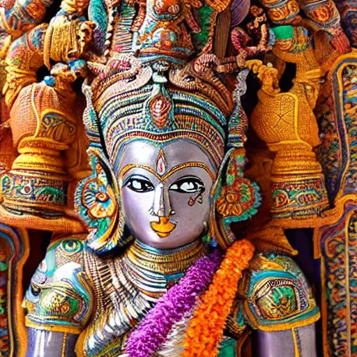 Image similar to a woman wearing an armor and headdress. the armor and headdress is made out of the colors, textures and sculptures of the meenakshi temple in madurai. intricate. detailed.