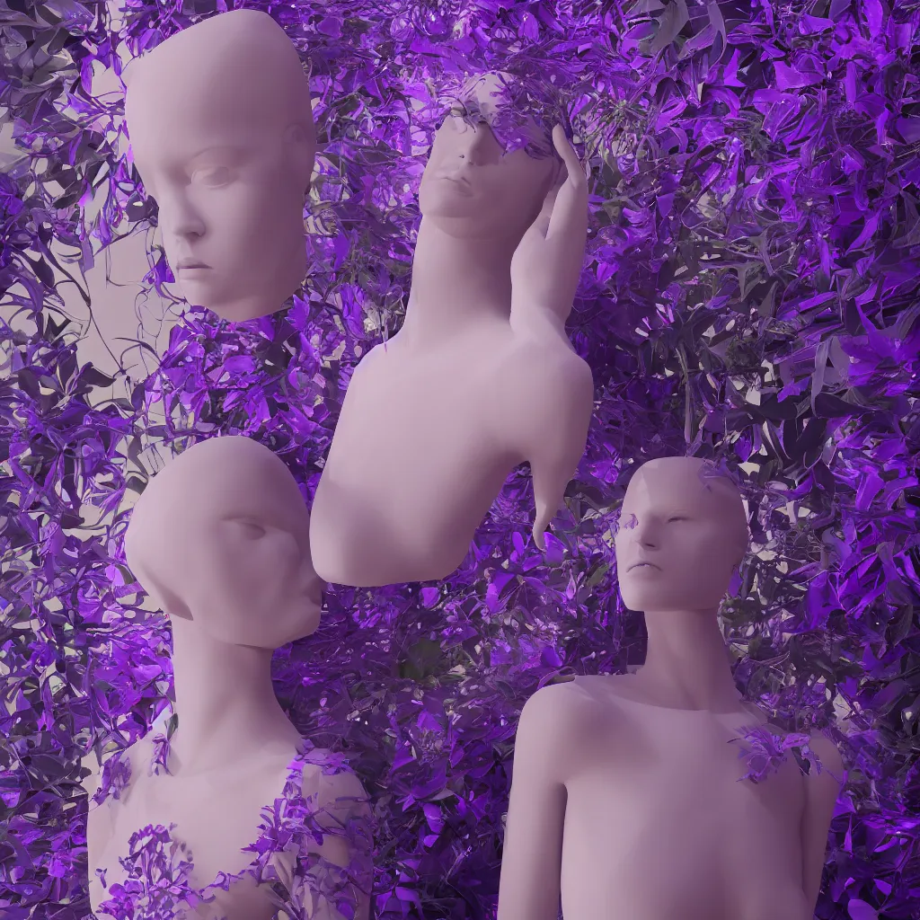 Image similar to beautiful mannequin sculpted out of amethyst by billelis + lit with 3 d geometric neon + facing a doorway opening with neon pink geometric fractal light + flowering hosta plants!!!, moon in background!!, moody, dramatic, rule of thirds, confident, award winning, 4 k, trending on artstation, photorealistic, volumetric lighting, octane render