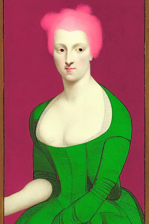Image similar to portrait of a young pale woman with pink hair, wearing a neon green dress, intricate details, super-flat, in the style of James Jean and Jean Auguste Dominique Ingres, black background