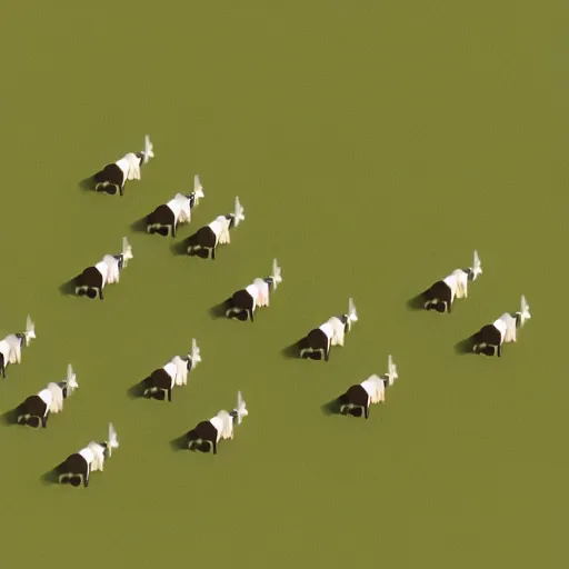 Image similar to isometric low poly render of a ufo flying over and abducting cows from a pasture. cows casting shadows.