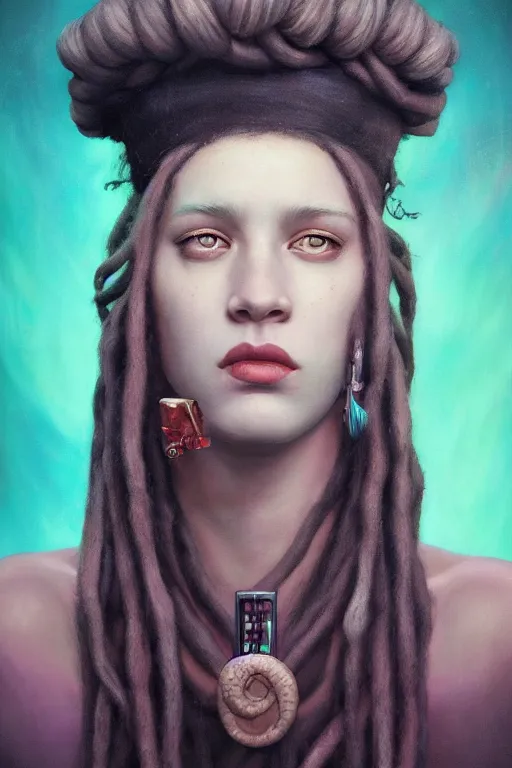 Image similar to portrait of an king queen with dreads snake hair, straight on portrait, by artgerm, tom bagshaw, gerald brom, vaporwave colors, lo fi colors, vaporwave, lo fi, 2 point studio lighting, dramatic lighting, 4 k, hd,