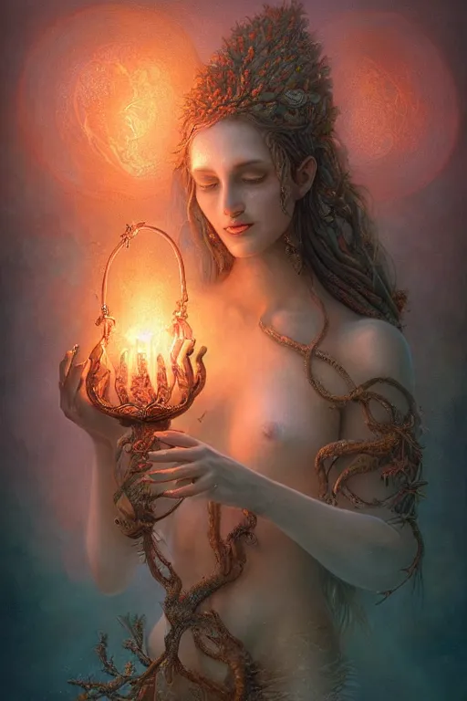 Image similar to a stunning ultra detailed underwater fantasy illustration of a goddess holding a glowing lamp, overgrown with colorful coral, by tomasz alen kopera and tom bagshaw, water bubbles, very detailed, deep depth of field, 5 0 mm lens, soft lighting, artstation, highly coherent, 8 k