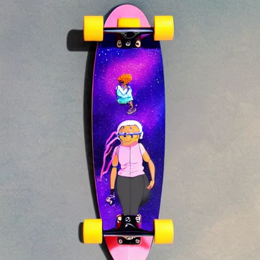 Image similar to black woman with purple dreads longboarding in space in the style of ghibli