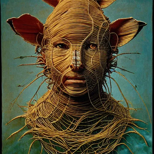 Image similar to half boy half rhino made of spaghetti, intricate armor made of spaghetti fractals, by giuseppe arcimboldo and ambrosius benson, renaissance, intricate and wet oil paint, a touch of beksinski, realistic
