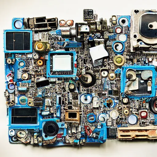 Prompt: i spy photograph with a technology theme. with wires, microchips, circuit boards, computer parts, gears, motors. highly detailed, walter wick