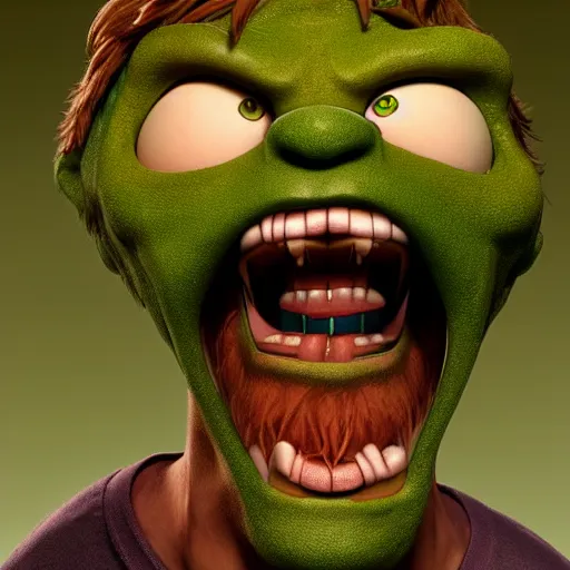 Image similar to a buff shaggy rogers making a surprised face, concept art by guillermo del toro, cgsociety, verdadism, creepypasta, zbrush, groovy