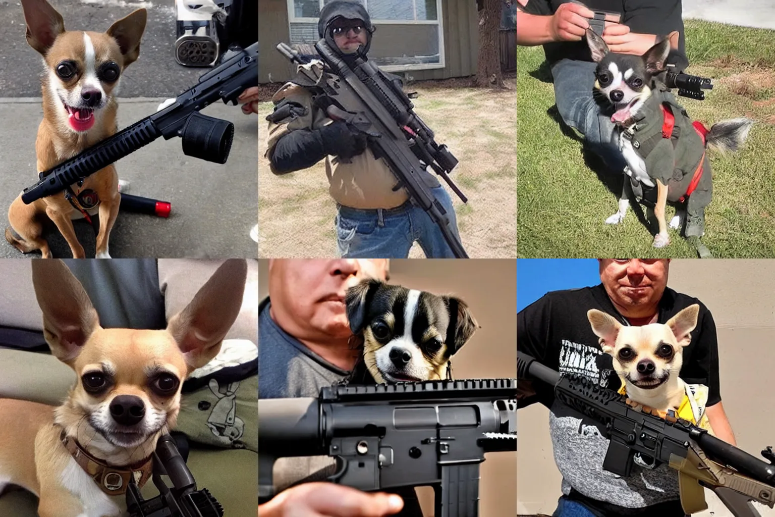 Prompt: a very hangry chihuahua dog. holding an ar - 1 5, aiming