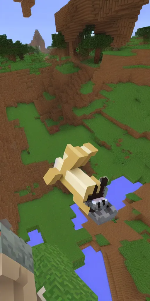 Prompt: a scene from minecraft showing a pig being eaten by the wonder dragon