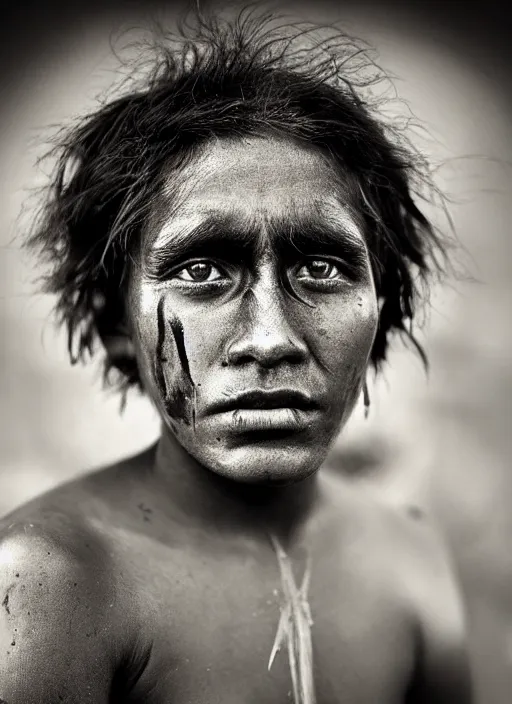 Image similar to Award winning Editorial photo of a Native Nauruans with incredible hair and beautiful hyper-detailed eyes wearing traditional garb by Lee Jeffries, 85mm ND 5, perfect lighting, gelatin silver process