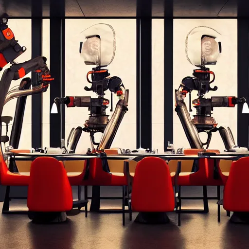 Image similar to three large kuka industrial robot arms having dinner inside a fine dining restaurant with mid century modern furniture and decor, global illumination, artstation, fantasy