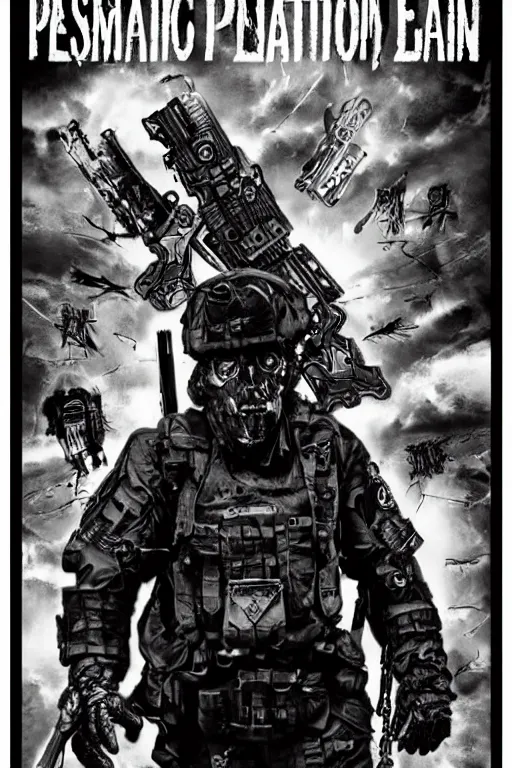 Image similar to a paranormal soldier, mystical tattoos, emp weapons strapped in shoulders, horror sci - fi black and white poster