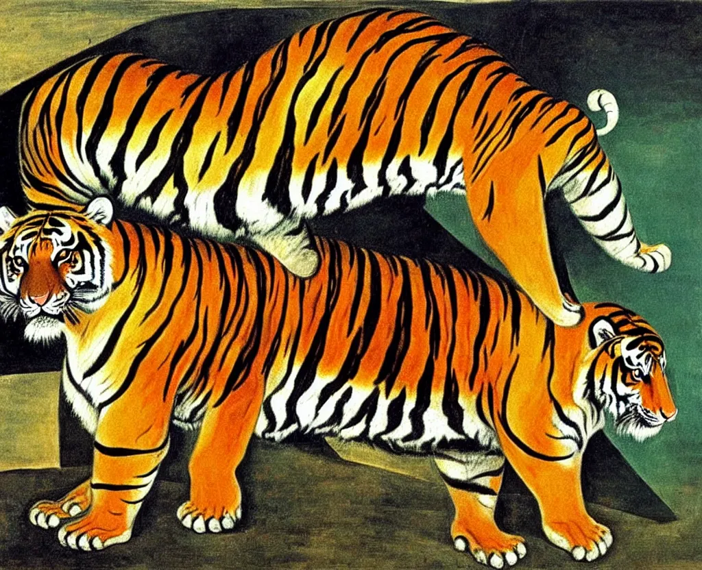 Prompt: achingly beautiful naturalist painting of a tiger. picasso, dali.