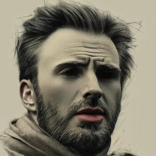 Prompt: chris evans wearing a babushka scarf, charcoal painting by richard mortensen and zdzislaw beksinski, trending on cgsociety, remodernism, matte drawing, zbrush, hyper realism