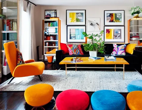 Image similar to apartment designed by nate berkus, retro 7 0 s colors