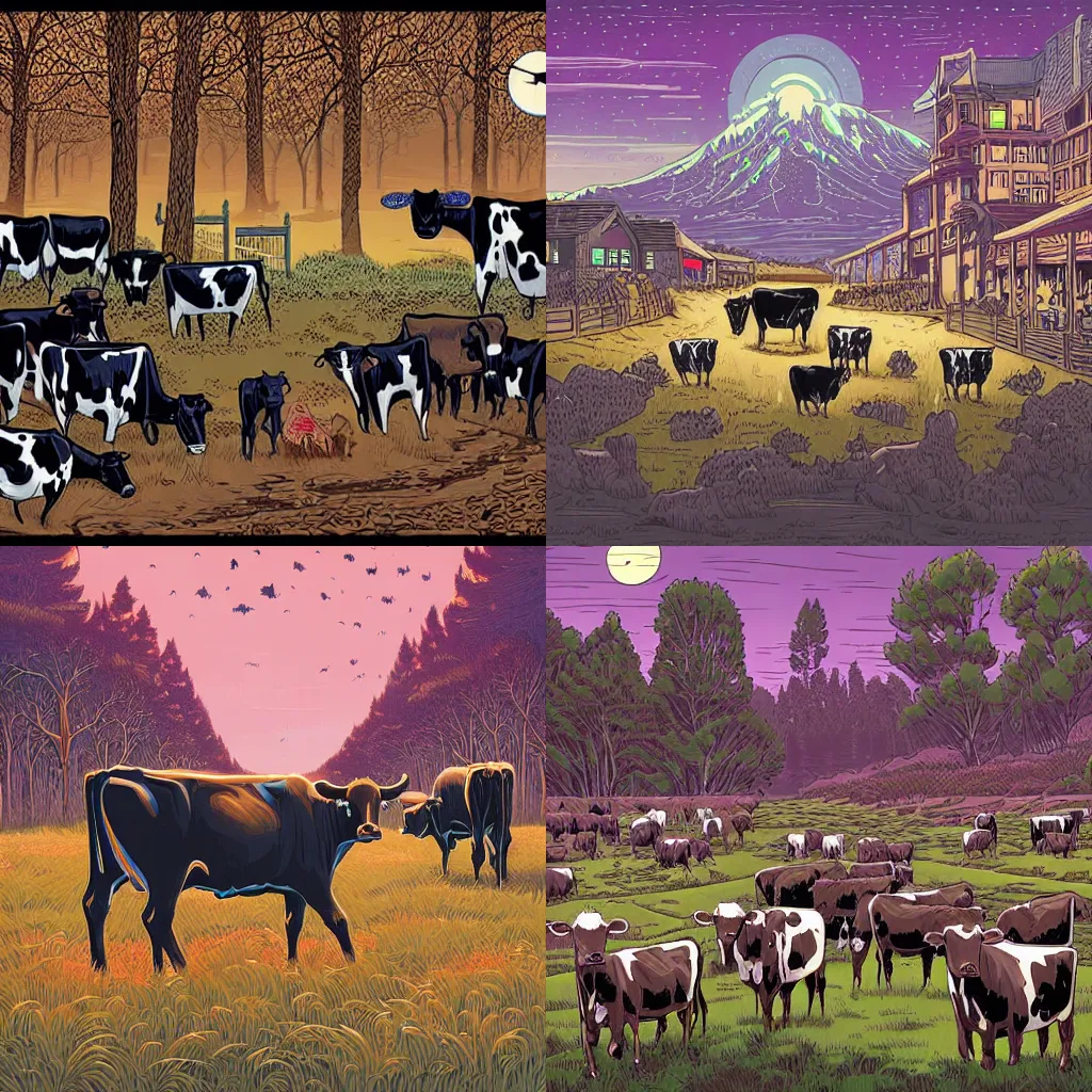 Prompt: \'bovines in places, cows in public spaces.\' by dan mumford