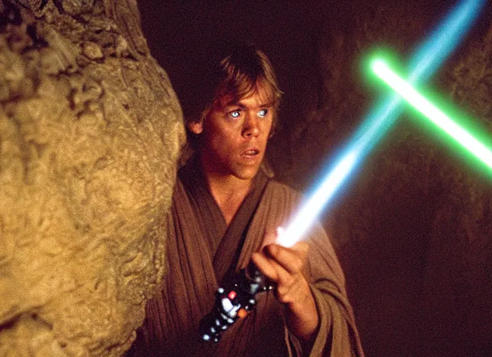 Image similar to detailed protrait photo of Luke skywalker using his lightsaber to light up a dark hazy cave and discover the ancient jedi texts. screenshot from the 1985 film, Photographed with Leica Summilux-M 24 mm lens, ISO 100, f/8, Portra 400