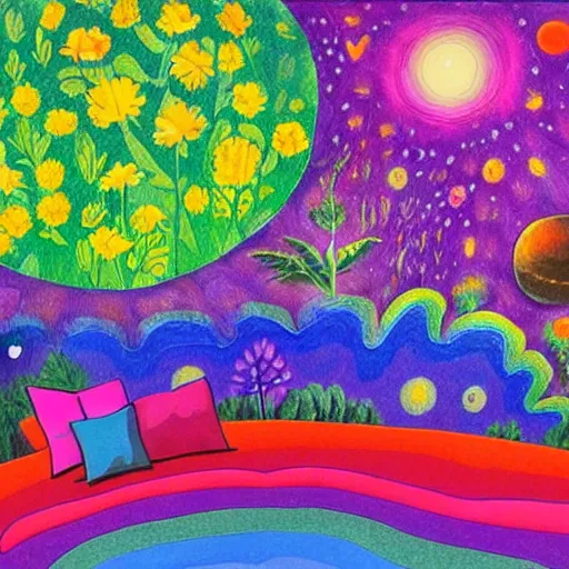 Image similar to psychedelic couch in the lush forest, planets, flowers, milky way, sofa, cartoon by eric carle