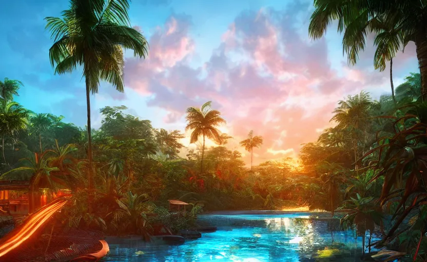 Image similar to a tropical resort in a jungle paradise, with a beautiful red and blue sunset, dynamic lighting, photorealistic fantasy concept art, trending on art station, stunning visuals, creative, cinematic, ultra detailed, ray tracing, sun rays