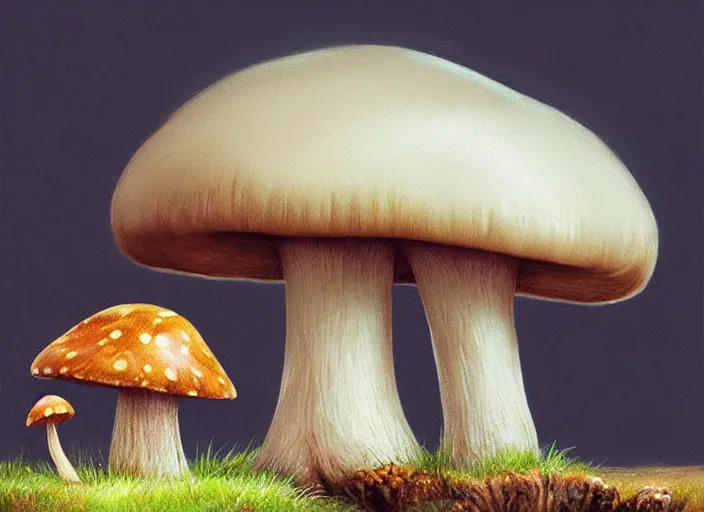 Image similar to a cute creature sitting next to a mushroom concept portrait, detailed, sharp focus, pastel, intricate, realistic, smooth, volumetric lighting, digital painting, by miyazaki