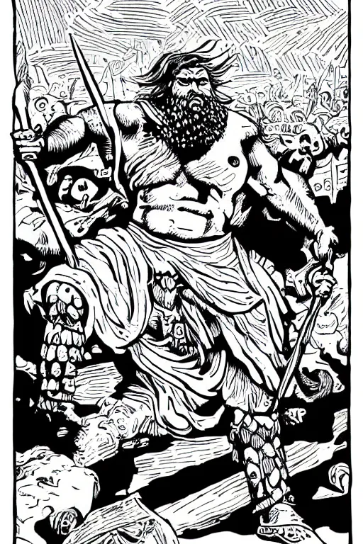 Image similar to ancient historically accurate depiction of the Bible Character Goliath of Gath, the Philistine warrior giant by mcbess