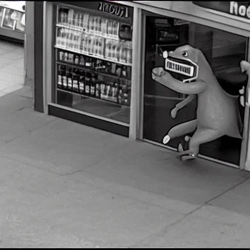 Image similar to security cam footage of barney the dinosaur robbing a convenience store