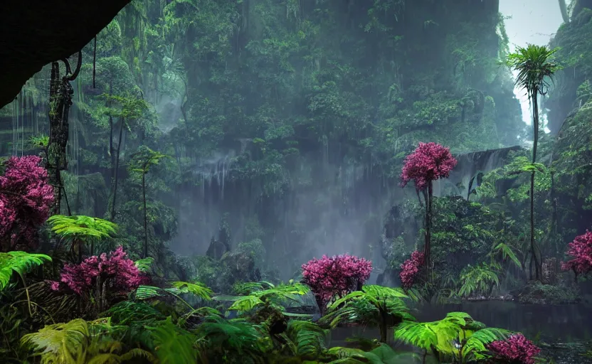 Image similar to a beautiful render of a dark prehistoric rainforest in a humongous cave, lush flora, patches of sky, magenta flowers, sunset, floating mountains and a waterfall in the background, intricate detail, hazy, humid, volumetric lighting, 8 k, photorealistic, raytracing effects, unreal engine 5