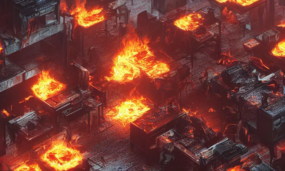 Image similar to hot hell office with burning desks and chairs, close up, featured in artstation, octane render, intricate, ultra detailed, fantasy, concept art, sharp focus, illustration, 8 k