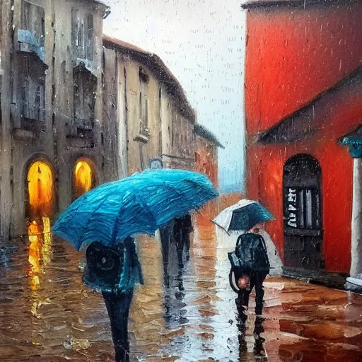 Prompt: drinking coffe in the rain, oil paiting, italian city