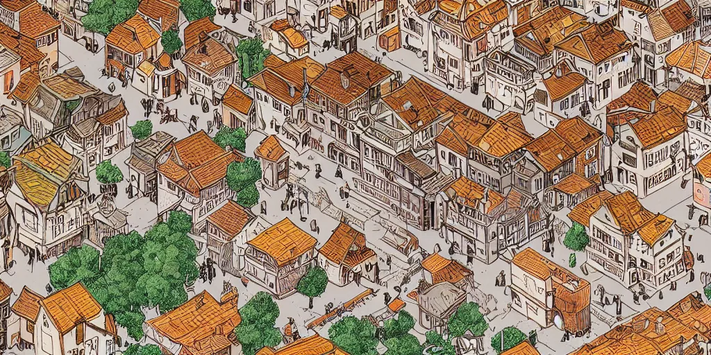 Image similar to isometric view illustration of a medieval village street corner, highly detailed, mid day by Victo Ngai