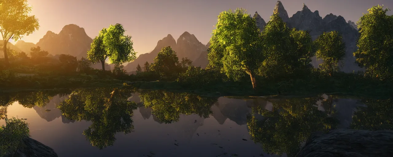 Image similar to big realistic tree near to a river on sunset with reflection on the leaves and mountains in the background, landscape, extremely high fidelity, 8 k, super resolution, concept art, cinematic view, super resolution, unreal engine 5, perspective 3 d octane render, light rays, lens flare, epic, hyperdetailed