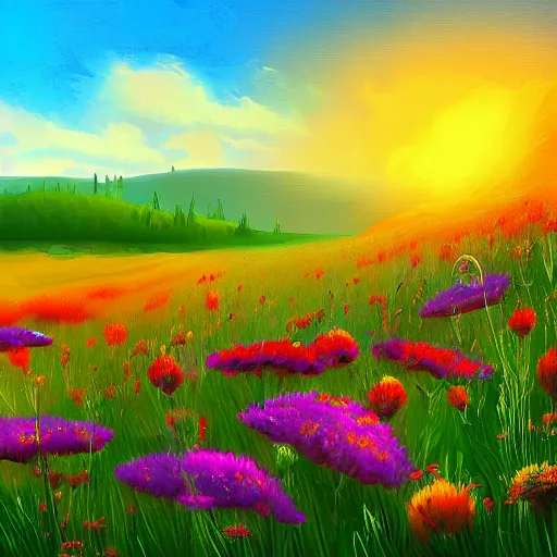 Image similar to beatiful meadow with colorful flowers, sun set, digital painting, concept art