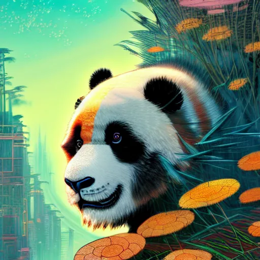 Image similar to a beautiful hyperdetailed character design 4 k wallpaper illustration of a cute panda with a chinese lion dance head victo ngai cyberpunk style, from china, style of studio ghibli, makoto shinkai, raphael lacoste, louis comfort tiffany, artgerm, james jean, ross tran, chinese style