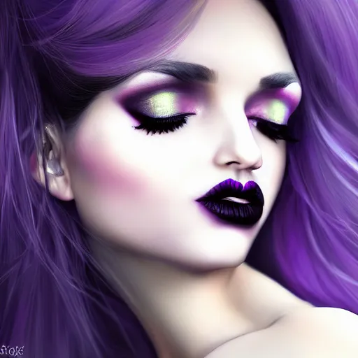 Prompt: dreamlike close up portrait of a curvy feminine hot goth woman, fully clothed, classy, elaborate, elegant, sophisticated, shiny black lipstick, purple makeup, realistic beautiful big eyes, dark eyeshadow, cgsociety, realistic, highly detailed, sublime, 16k, smooth, sharp focus, trending on ArtStation, hyperdetailed, volumetric lighting