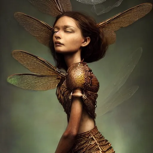 Image similar to brown woman wearing a dragonfly armor. iridiscent. extremely photorealistic. super detailed. layered. textured. award winning. dispersion of light. refracted lighting. soft. fragile. by ray caesar. by louise dahl - wolfe. by andrea kowch. by tom bagshaw. surreal photoraphy