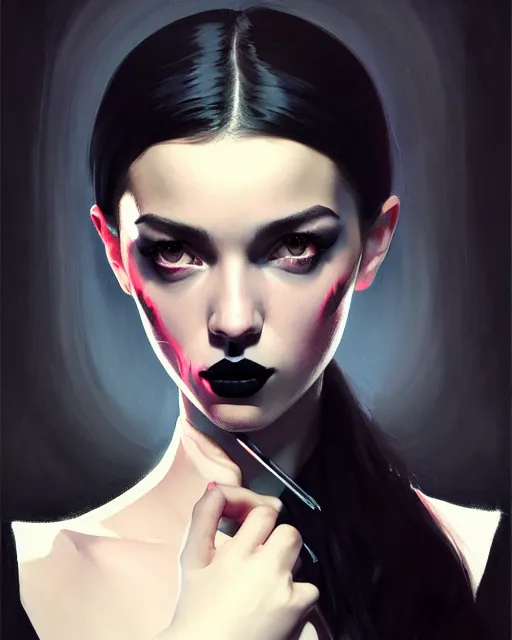 Image similar to stylized portrait by aykutmakut of an artistic pose, composition, young cute serious fancy lady with black paint in her face, cinematic moody colors, realistic shaded, fine details, realistic shaded lighting poster by ilya kuvshinov, magali villeneuve, artgerm, jeremy lipkin and michael garmash and rob rey