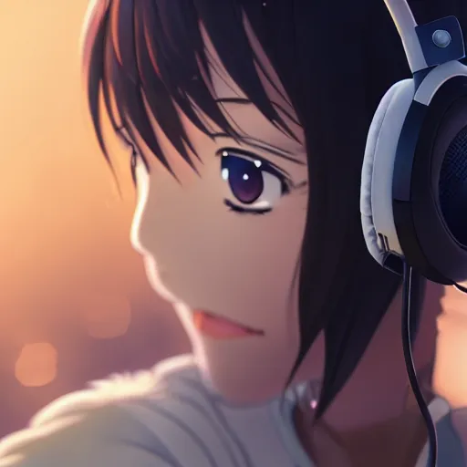 Prompt: an anime music producer with headphones on, official art, key visual, studio lightning, very detailed bd cover, Kimi no Na Wa, hyperrealistic, artstation, caustics, trending on Artstation, 8K, octane renderer, rtx on